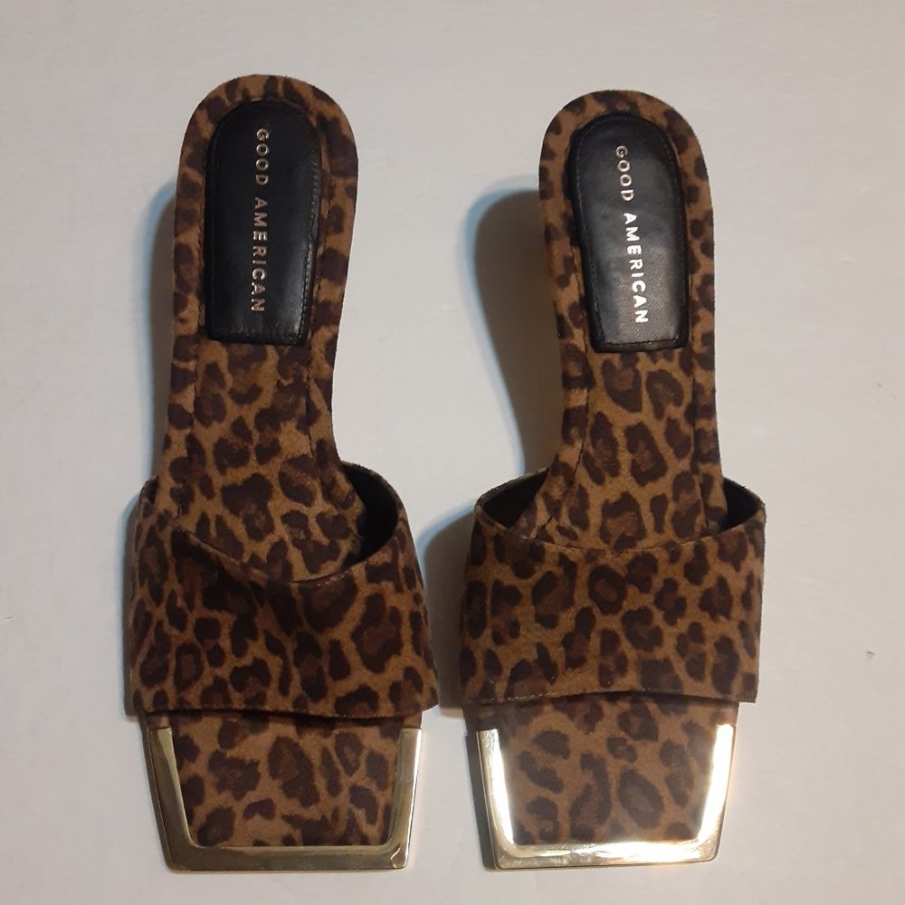 Good American Women's Standout Square Toe Mule in Leopard Print Size 7.5